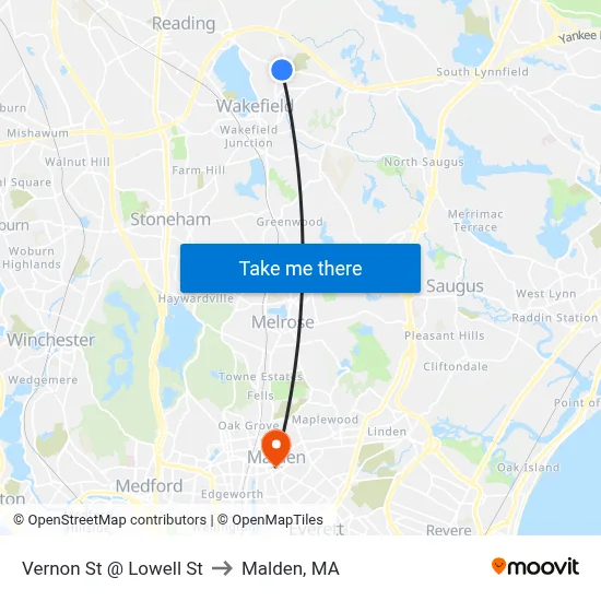 Vernon St @ Lowell St to Malden, MA map