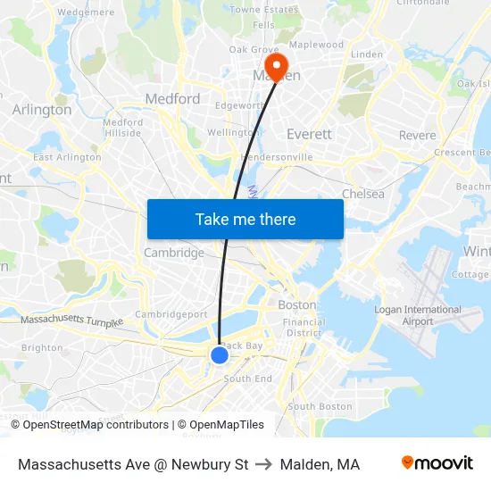 Massachusetts Ave @ Newbury St to Malden, MA map