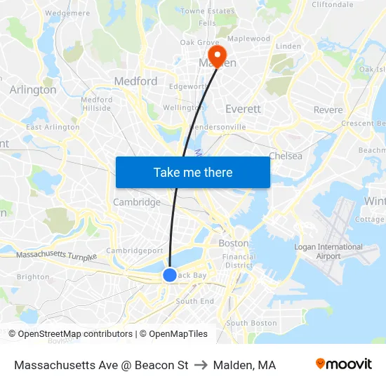 Massachusetts Ave @ Beacon St to Malden, MA map