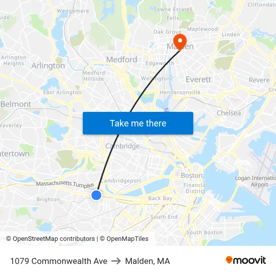 1079 Commonwealth Ave to Malden, MA map