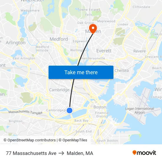 77 Massachusetts Ave to Malden, MA map