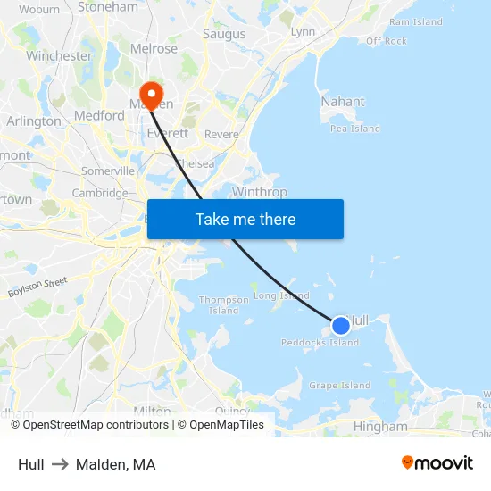 Hull to Malden, MA map