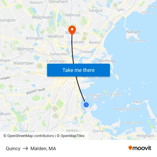 Quincy to Malden, MA map