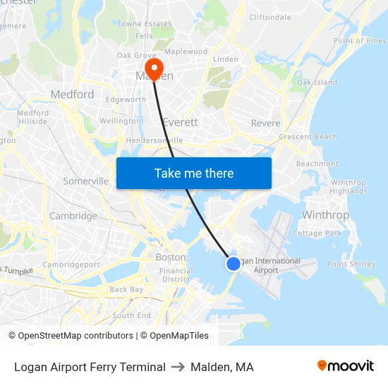 Logan Airport Ferry Terminal to Malden, MA map