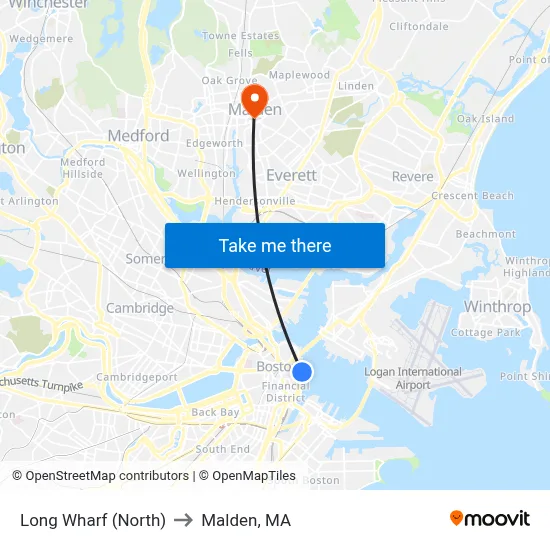 Long Wharf (North) to Malden, MA map