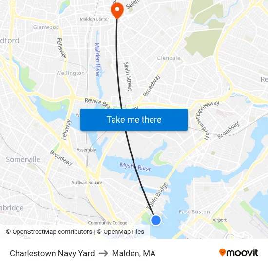 Charlestown Navy Yard to Malden, MA map