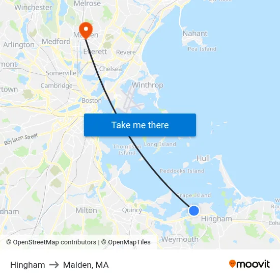 Hingham to Malden, MA map
