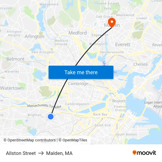 Allston Street to Malden, MA map