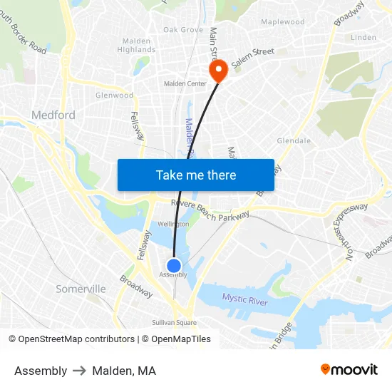 Assembly to Malden, MA map