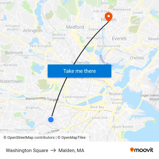 Washington Square to Malden, MA map
