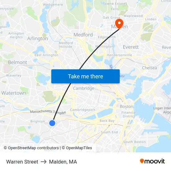 Warren Street to Malden, MA map