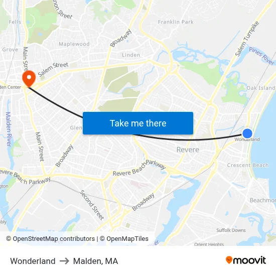 Wonderland to Malden, MA map