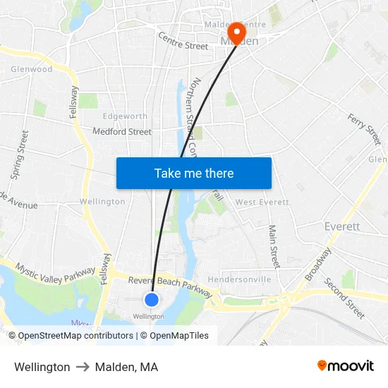 Wellington to Malden, MA map