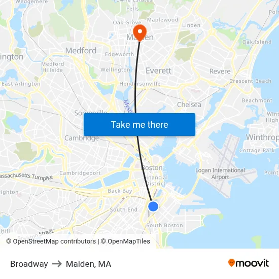 Broadway to Malden, MA map