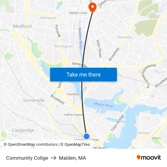 Community Collge to Malden, MA map