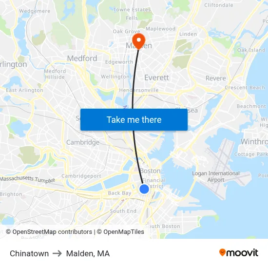 Chinatown to Malden, MA map