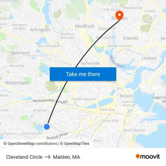 Cleveland Circle to Malden, MA map