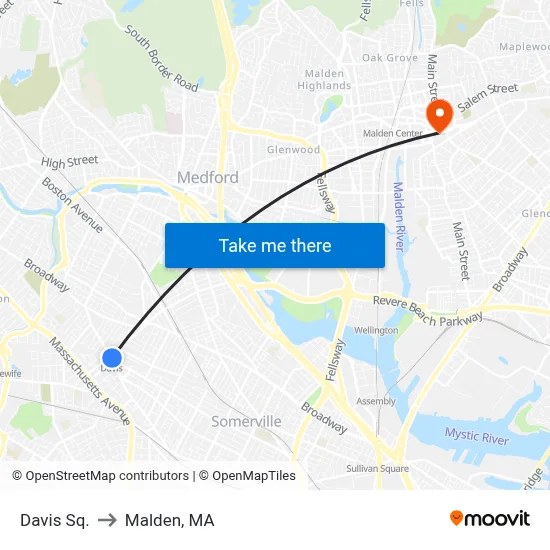 Davis Sq. to Malden, MA map