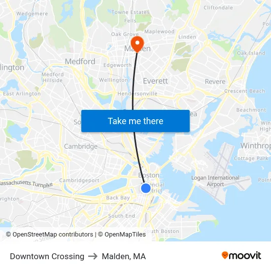 Downtown Crossing to Malden, MA map