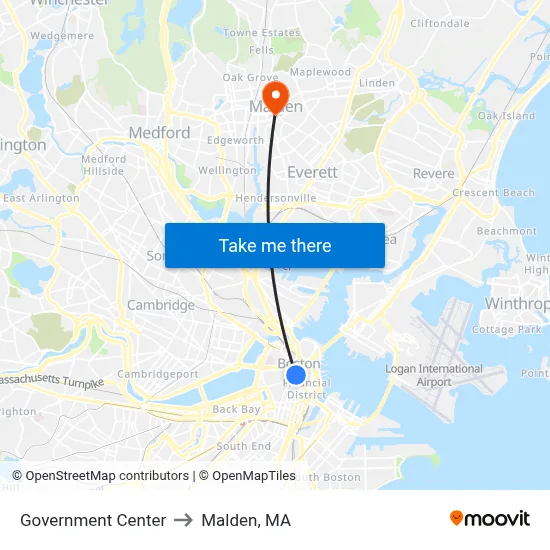 Government Center to Malden, MA map