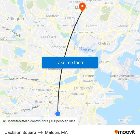 Jackson Square to Malden, MA map