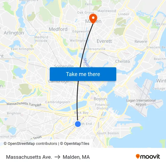 Massachusetts Ave. to Malden, MA map
