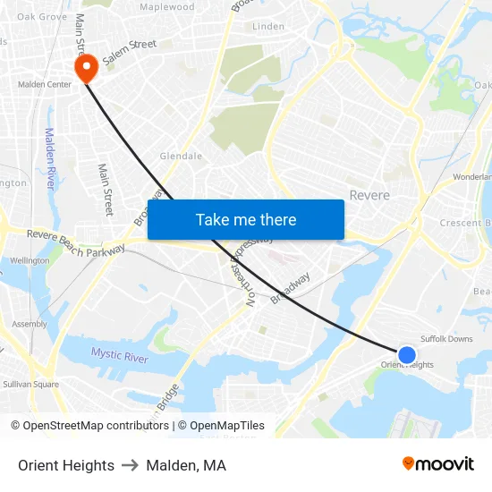 Orient Heights to Malden, MA map