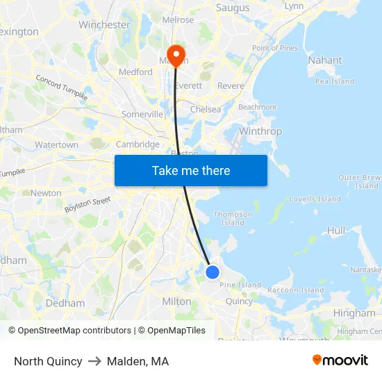 North Quincy to Malden, MA map