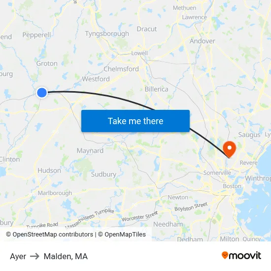 Ayer to Malden, MA map
