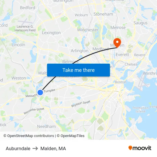 Auburndale to Malden, MA map