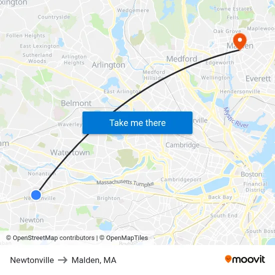 Newtonville to Malden, MA map