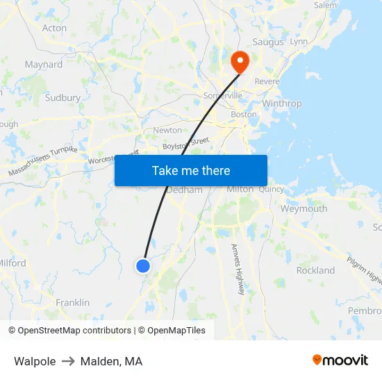 Walpole to Malden, MA map