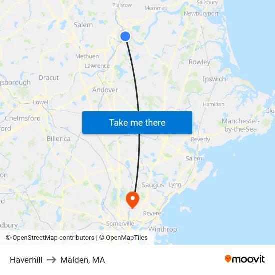 Haverhill to Malden, MA map