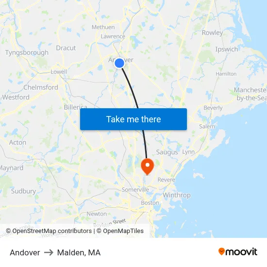 Andover to Malden, MA map