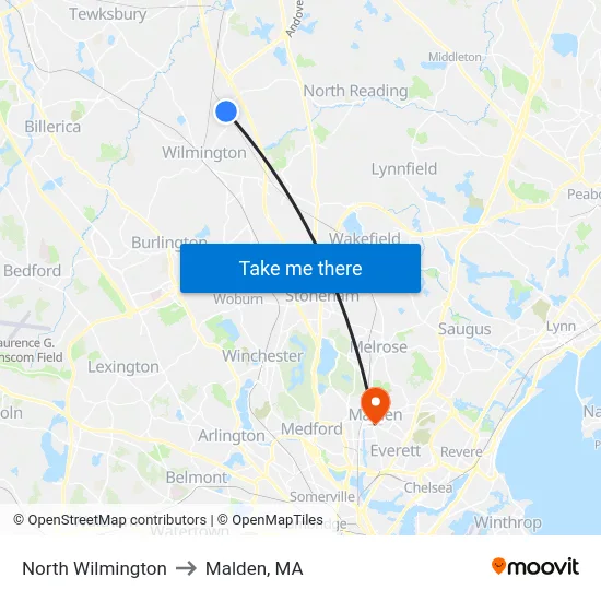 North Wilmington to Malden, MA map