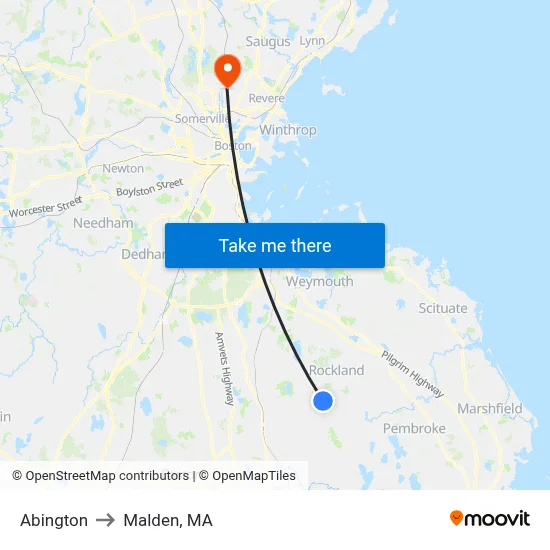 Abington to Malden, MA map