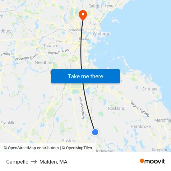 Campello to Malden, MA map
