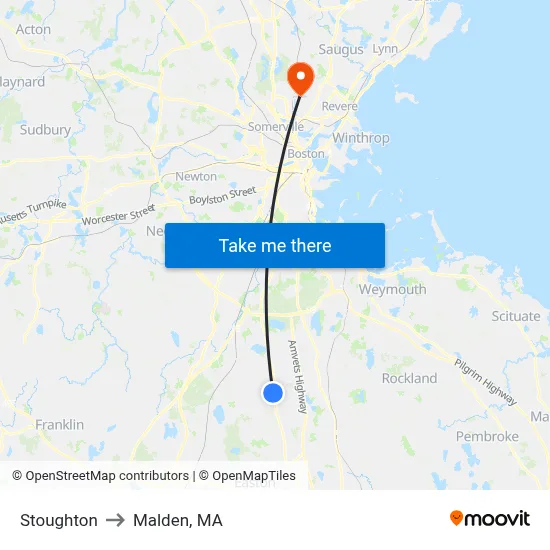 Stoughton to Malden, MA map