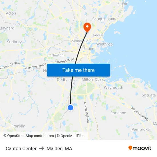 Canton Center to Malden, MA map