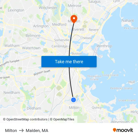 Milton to Malden, MA map
