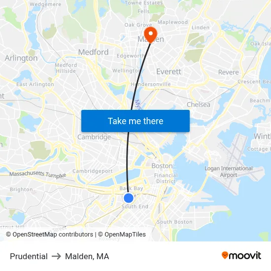 Prudential to Malden, MA map