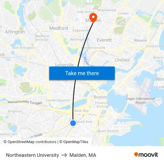 Northeastern University to Malden, MA map