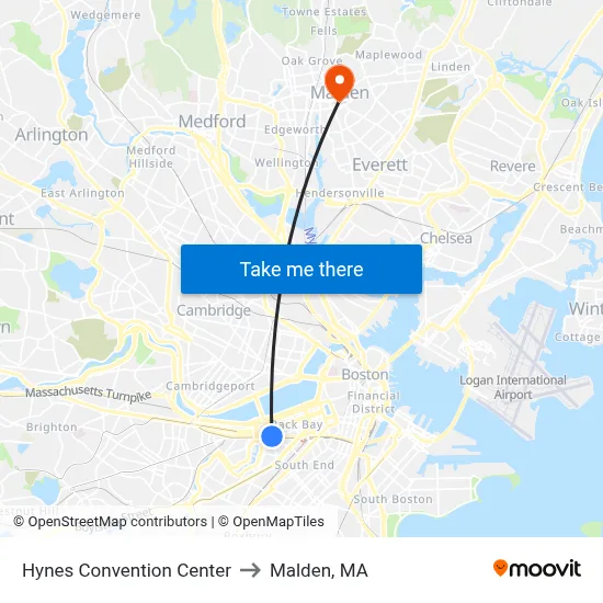 Hynes Convention Center to Malden, MA map