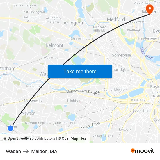 Waban to Malden, MA map