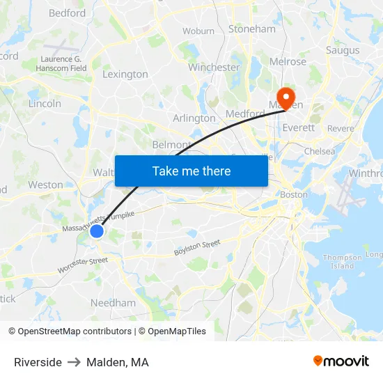 Riverside to Malden, MA map