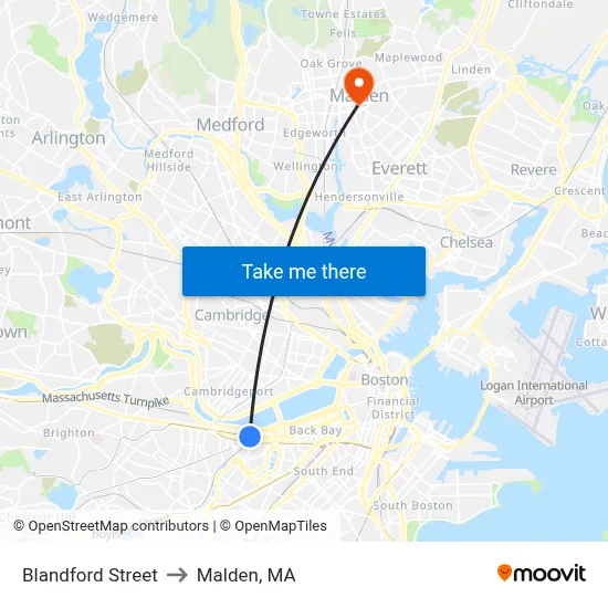 Blandford Street to Malden, MA map