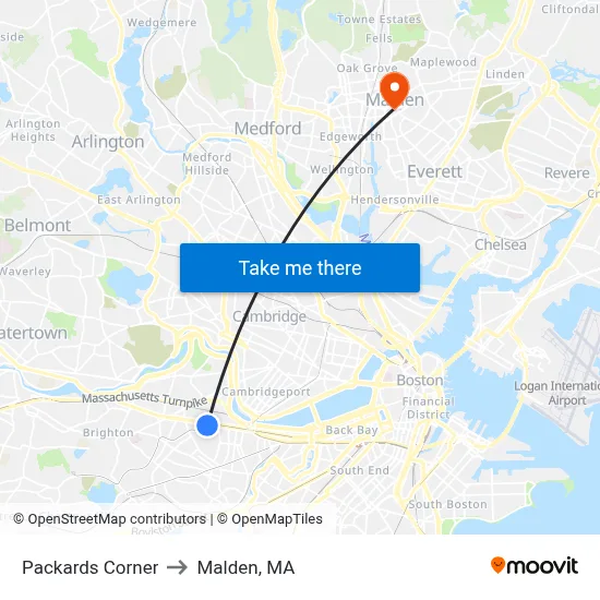 Packards Corner to Malden, MA map