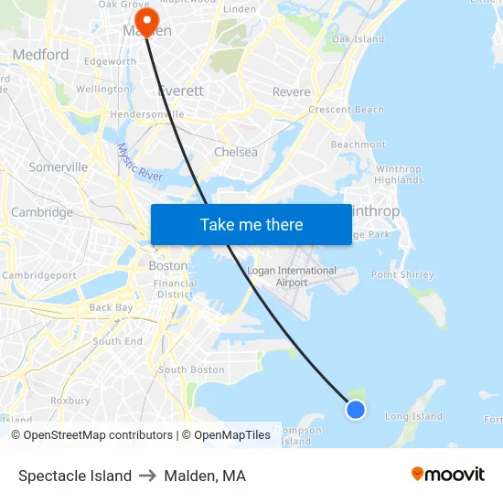 Spectacle Island to Malden, MA map