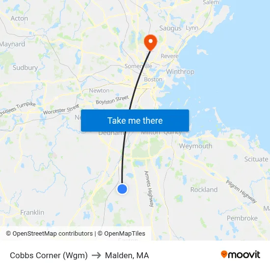 Cobbs Corner (Wgm) to Malden, MA map