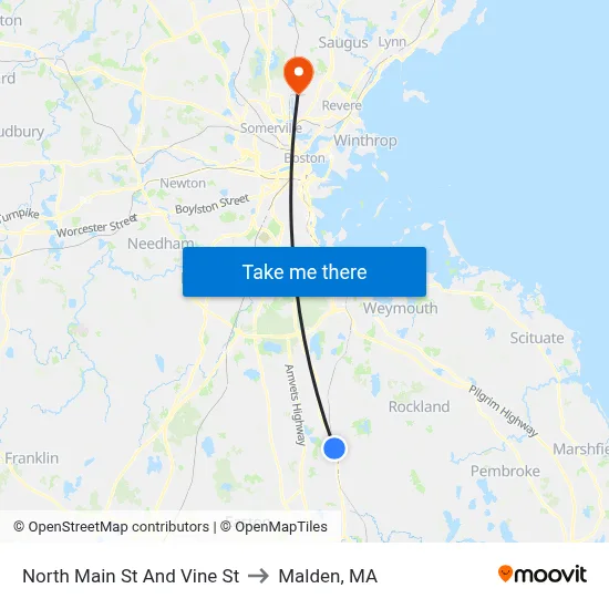 North Main St And Vine St to Malden, MA map